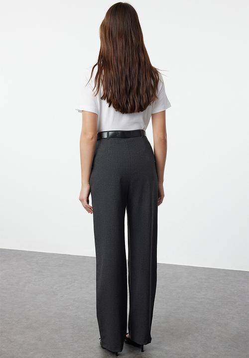 Trendyol - Anthracite belted straight cut woven fabric trousers