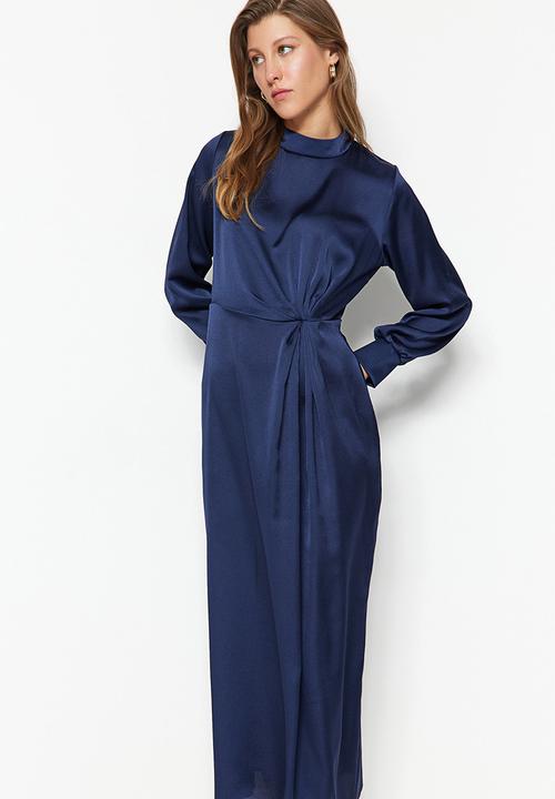 Trendyol - Waist Gathered Satin Evening - Navy Blue
