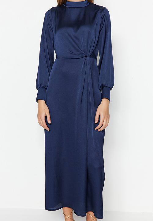 Trendyol - Waist Gathered Satin Evening - Navy Blue