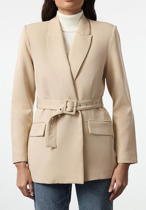 Trendyol - Belted woven blazer jacket - beige 