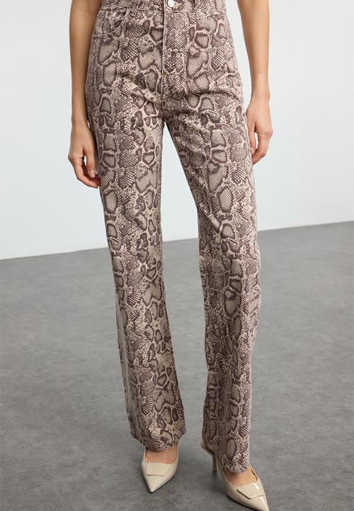Trendyol - Multicolored animal print brown high waist wide leg jeans