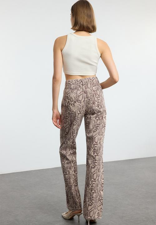 Trendyol - Multicolored animal print brown high waist wide leg jeans