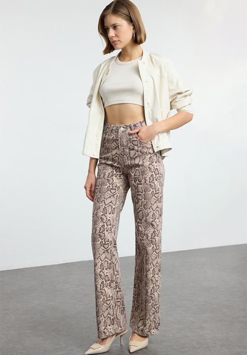 Trendyol - Multicolored animal print brown high waist wide leg jeans