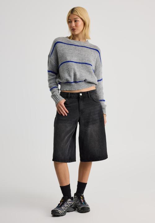 Factorie - Bailey Stripe Knit Crew - Grey Marle/Electric Blue Stripe