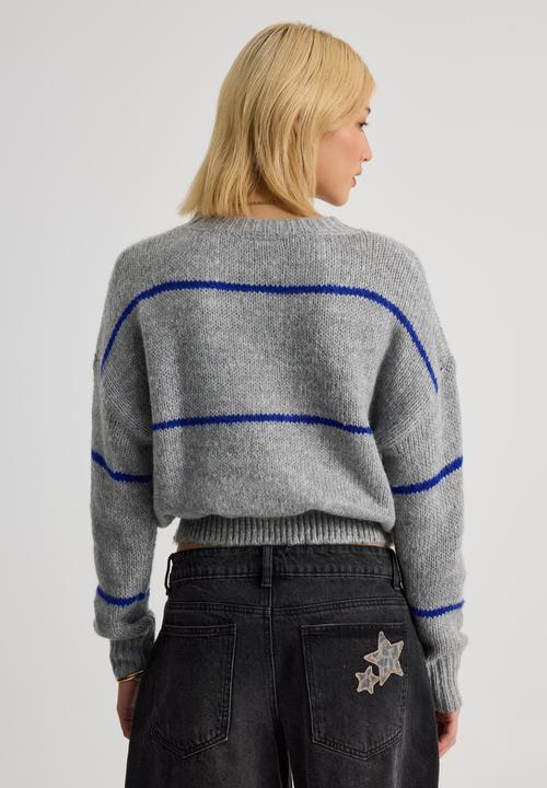 Factorie - Bailey Stripe Knit Crew - Grey Marle/Electric Blue Stripe
