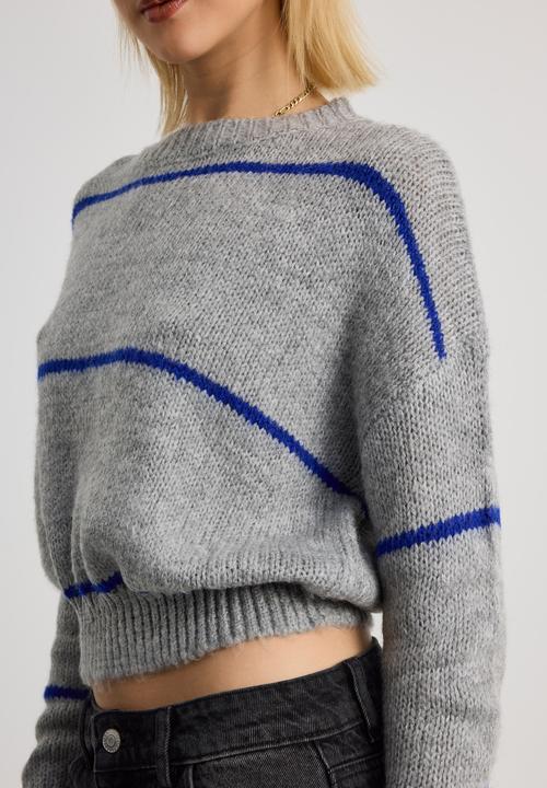 Factorie - Bailey Stripe Knit Crew - Grey Marle/Electric Blue Stripe