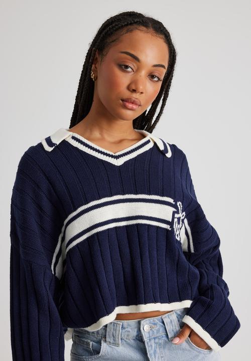 Factorie - Sara Polo Knit Crop Jumper - Navy Blazer/Off White