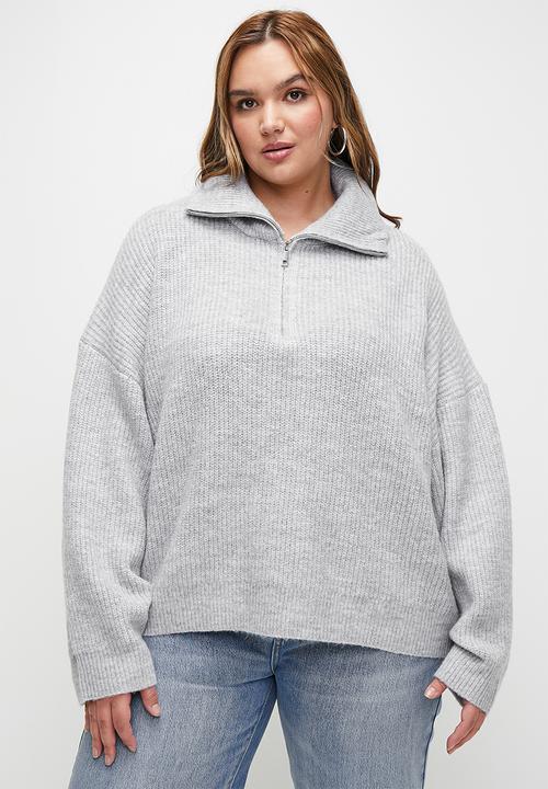 Cotton On - Plus Luxe Half Zip Pullover - Grey Marle