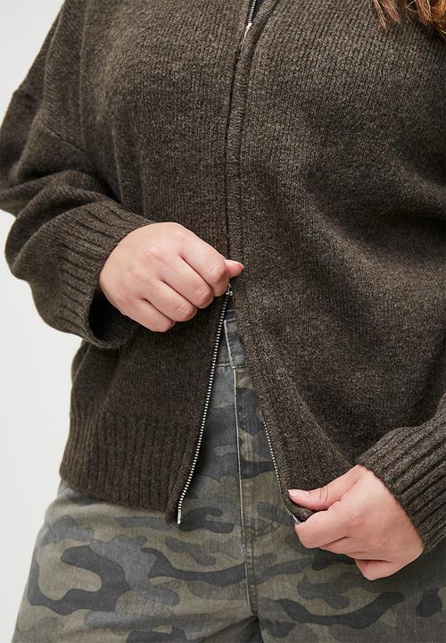 Cotton On - Plus Luxe Zip Through Knit Bomber - Dark Oak