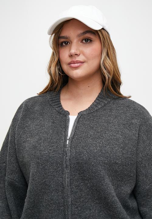 Cotton On - Plus Luxe Zip Through Knit Bomber - Dark Grey Marle