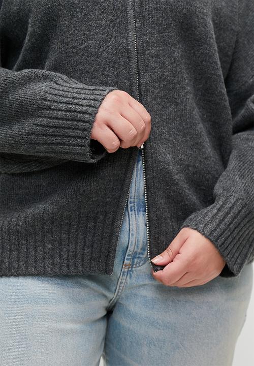 Cotton On - Plus Luxe Zip Through Knit Bomber - Dark Grey Marle