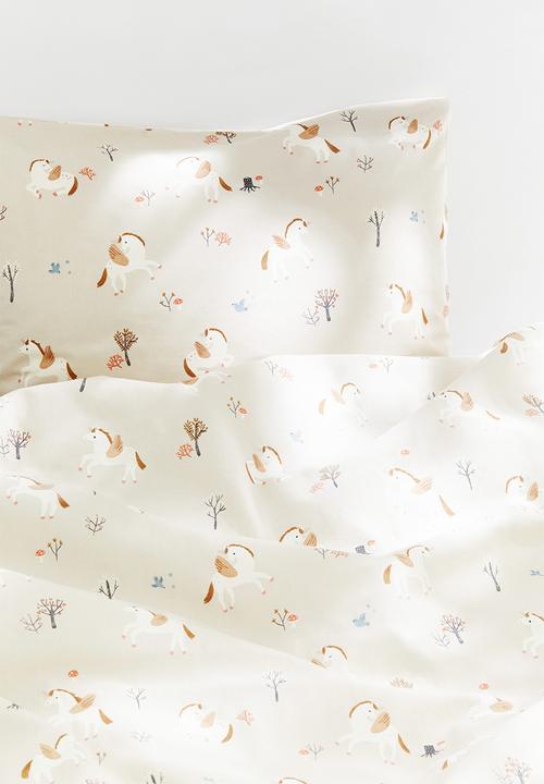 H&M - Patterned cotton duvet cover set - light beige/unicorns
