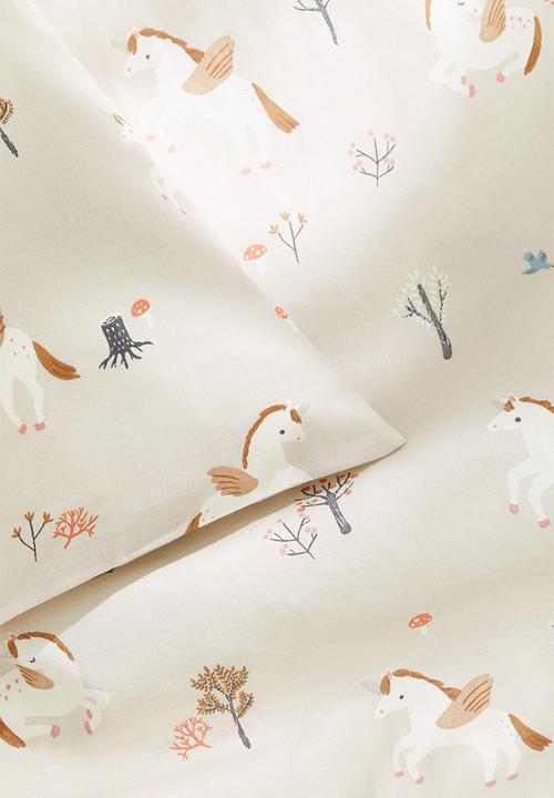 H&M - Patterned cotton duvet cover set - light beige/unicorns