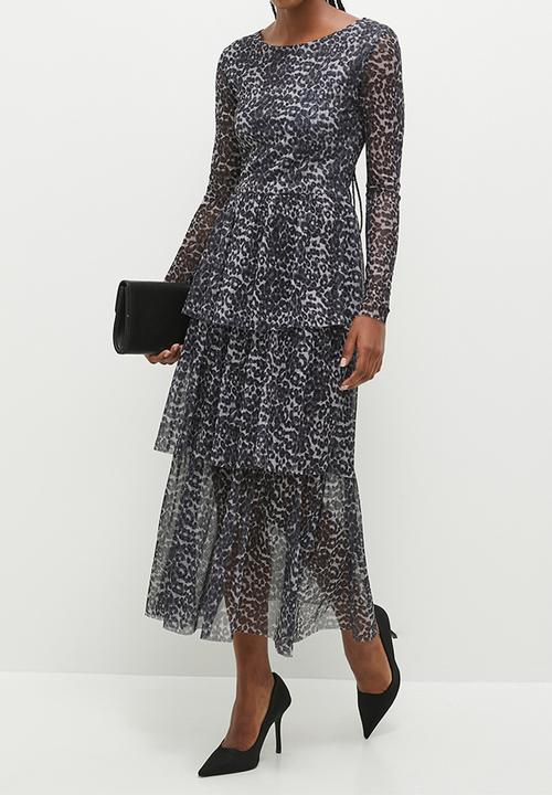 Stella Morgan - Animal Printed Tiered Layered Dress - Grey