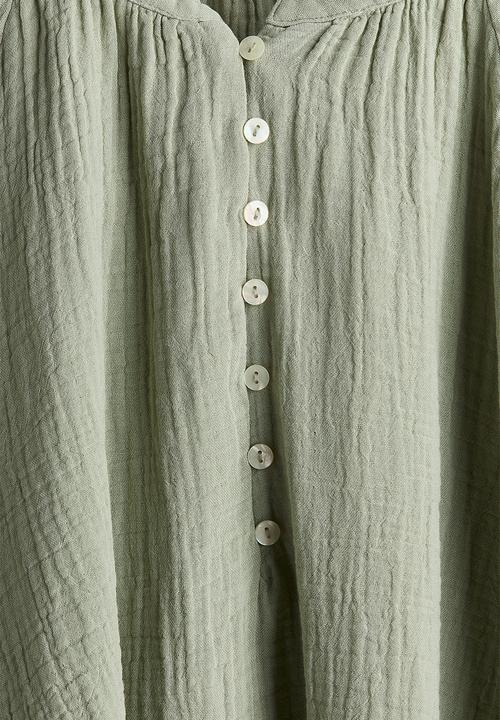 H&M - Balloon-sleeved muslin blouse - light khaki green