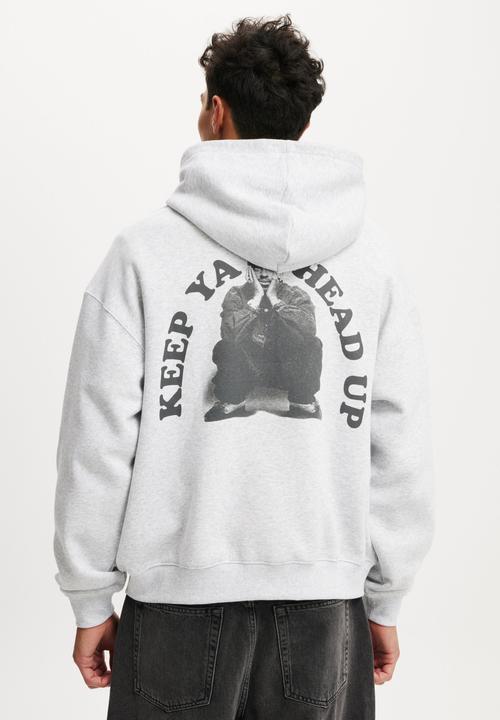 Cotton On - Box Fit Music Hoodie - Lcn Bra Grey Marle/Tupac - Keep Ya Head Up