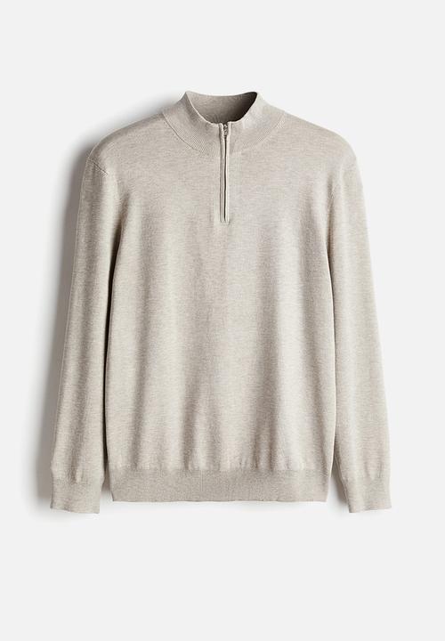 H&M - Slim fit zip-top fine-knit jumper - light greige marl