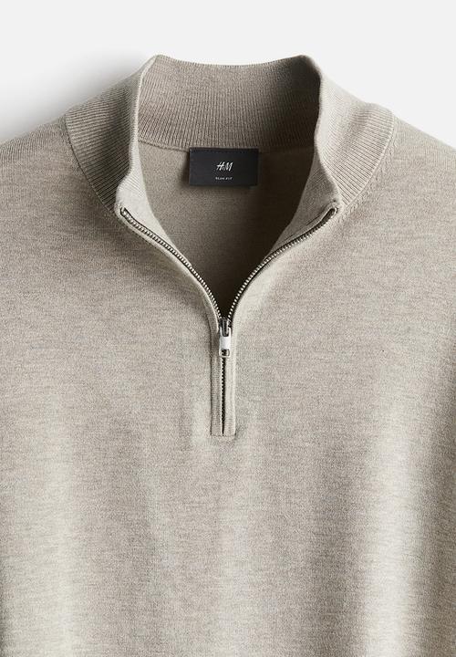 H&M - Slim fit zip-top fine-knit jumper - light greige marl