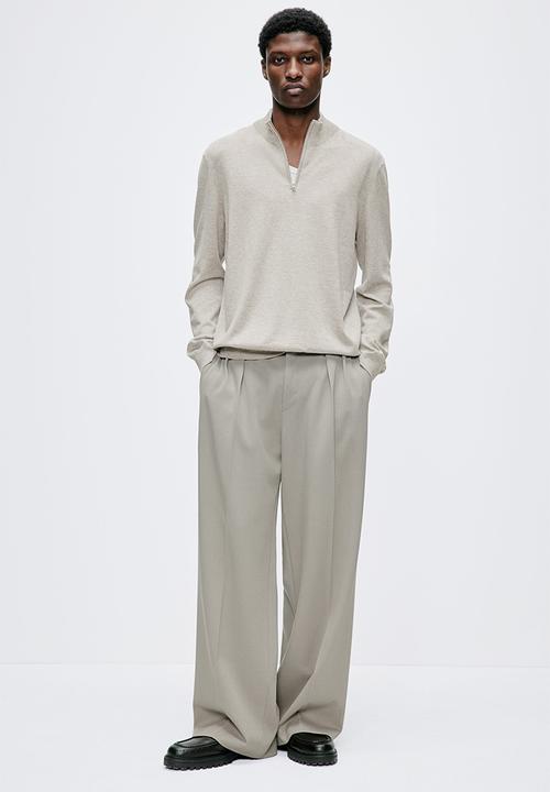 H&M - Slim fit zip-top fine-knit jumper - light greige marl