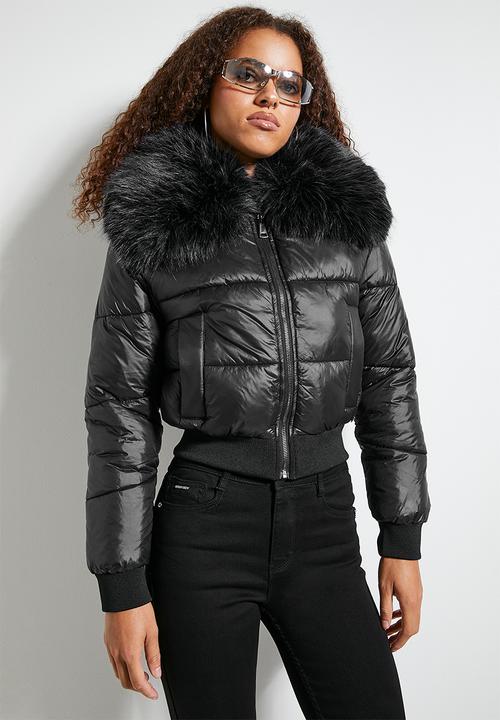 SISSY BOY - ROLL WITH IT : Puffer Jacket With Faux Fur Collar - Black