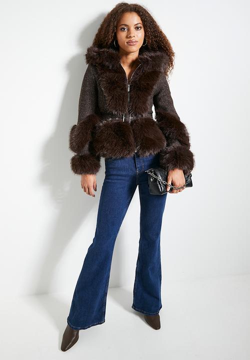 SISSY BOY - Caught looking: Belted Jacket With Faux Fur Details - Brown