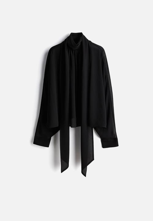 Tie-neck chiffon blouse - black - 1254762001