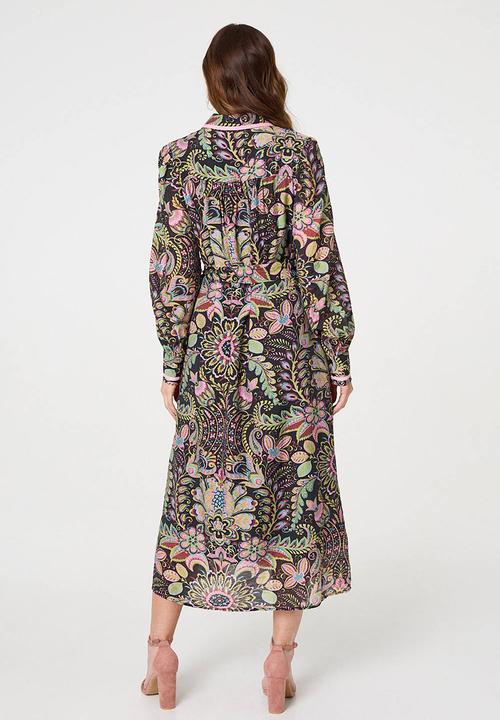Stella Morgan - Flower printed with contrats piping midi Dress - Multi Black