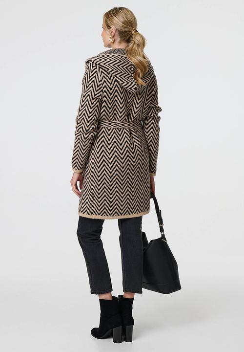 Izabel London - Chevron Striped Coatigan - Multi Beige