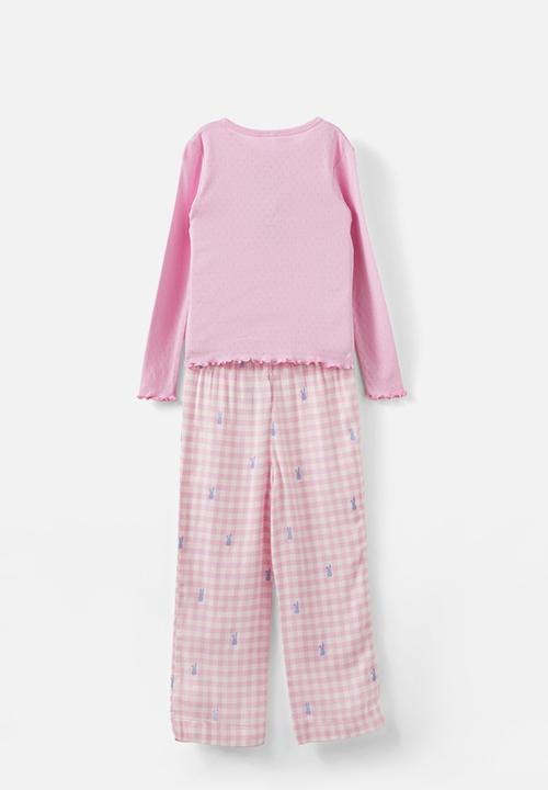 Cotton On - Leah long sleeve pyjama set - fairy pink gingham/ bunny