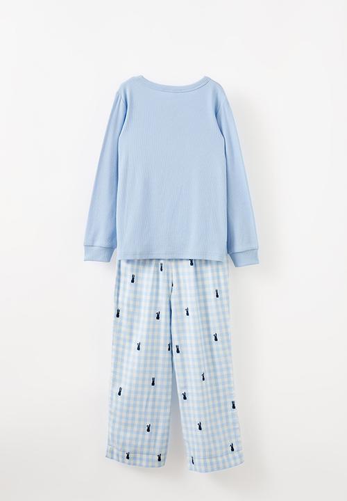 Cotton On - Leo long sleeve pyjama set - dawn blue gingham/ bunny