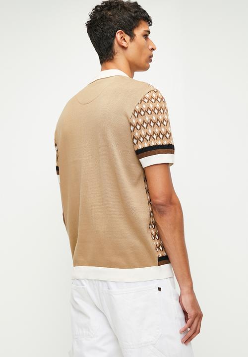 Brave Soul - Knitted Polo  - Tan & Vintage White