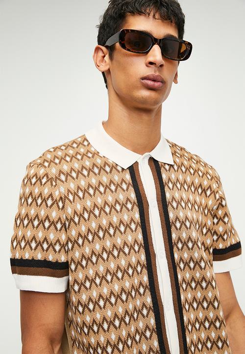Brave Soul - Knitted Polo  - Tan & Vintage White