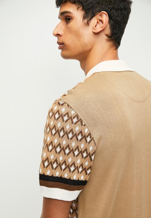 Brave Soul - Knitted Polo  - Tan & Vintage White