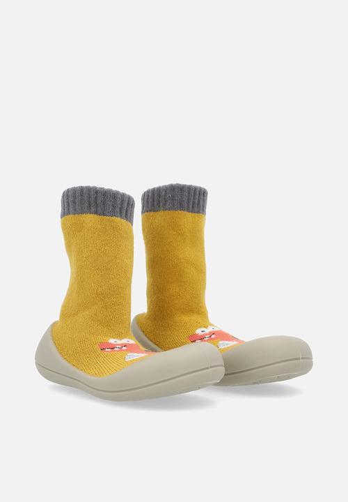 Pop Candy - Knit sock boot with rubber sole - mustard/orange dino