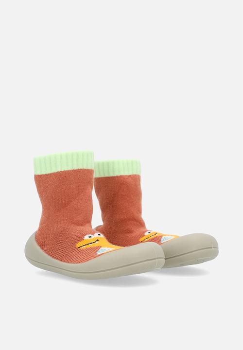Pop Candy - Knit sock boot with rubber sole - rust orange/yellow dino
