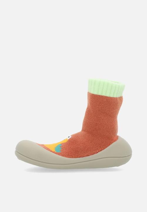 Pop Candy - Knit sock boot with rubber sole - rust orange/yellow dino