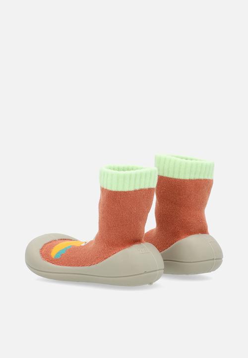 Pop Candy - Knit sock boot with rubber sole - rust orange/yellow dino