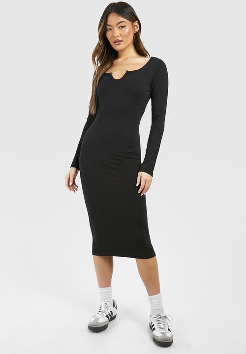 boohoo - Notch Neck Long Sleeve Jersey Midi Dress - Black
