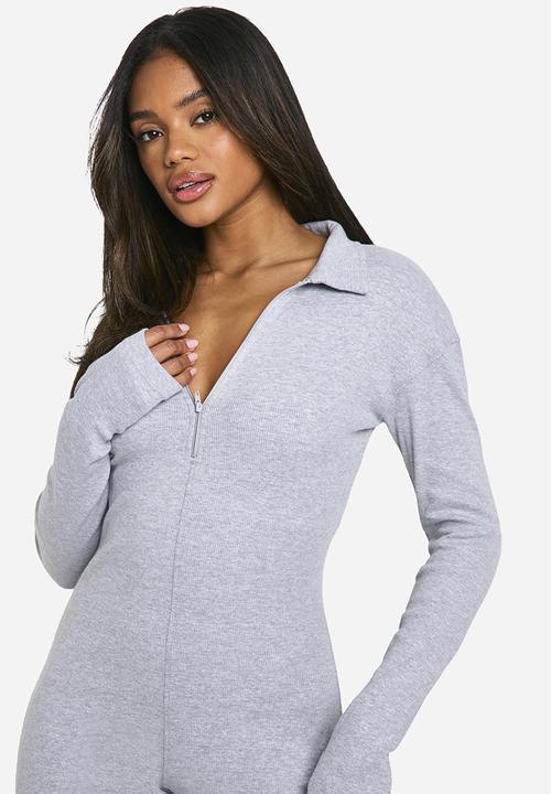 boohoo - Soft Rib Zip Collar Unitard Jumpsuit - Grey