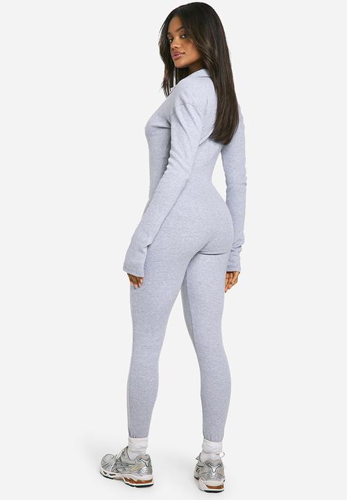 boohoo - Soft Rib Zip Collar Unitard Jumpsuit - Grey