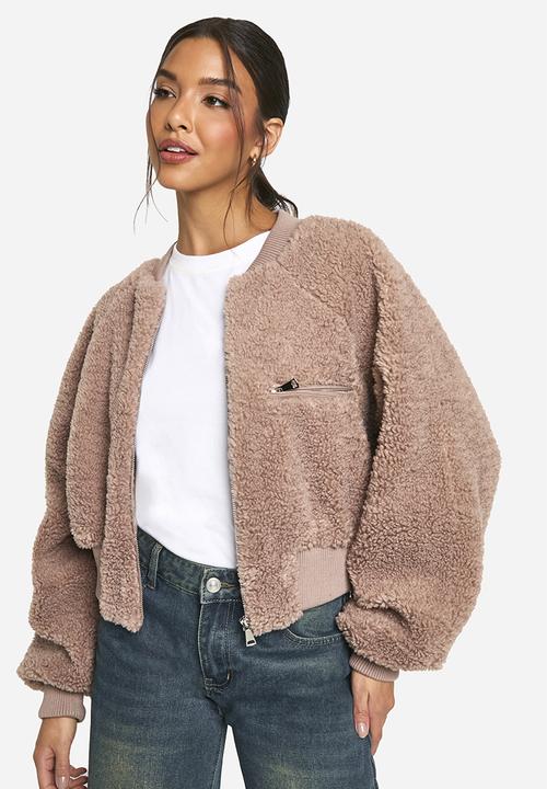 boohoo - Rib Teddy Bomber Jacket - mushroom