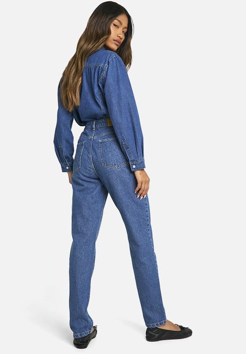 boohoo - Basics 32 Inch Leg High Waisted Slim Fit Jeans - Washed Indigo