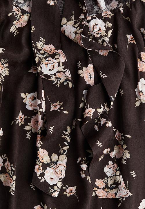 H&M - Tie-detail open-back dress - dark brown/floral