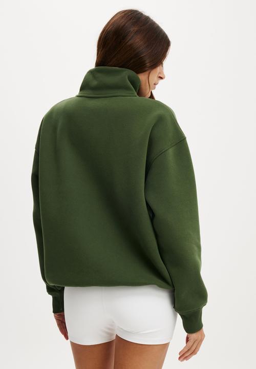 Cotton On - Plus Plush Essential Half Zip Jumper - Forest Green/Coconut Milk