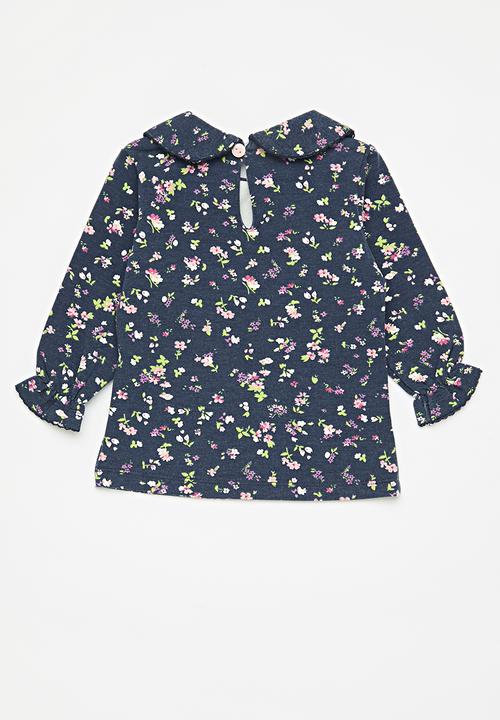 Pop Candy - Peter pan collar top - dark blue/floral multi