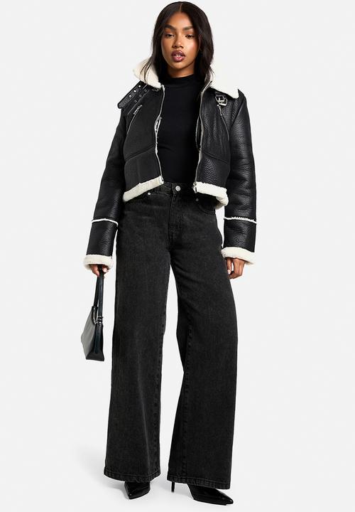 boohoo - Cropped Aviator Jacket - black