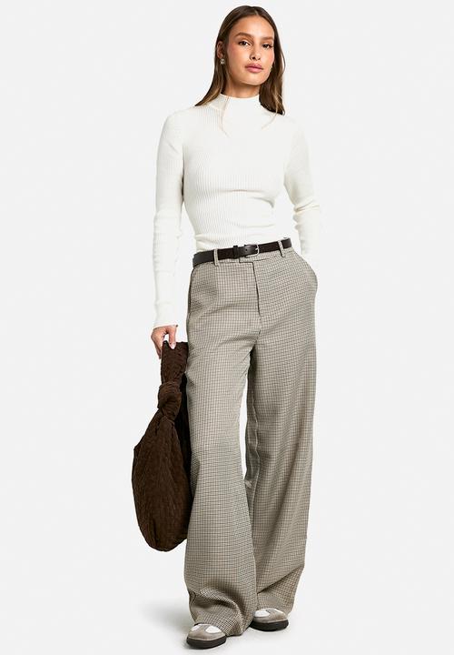 boohoo - Tonal Check Straight Leg Trousers - Stone