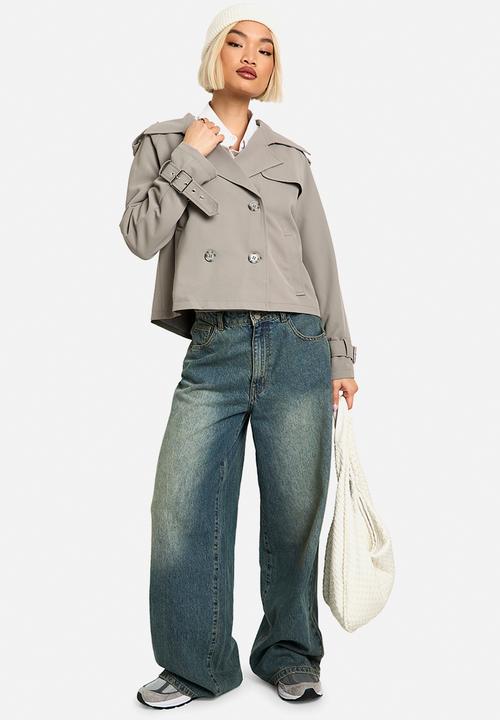 boohoo - Oversized Double Breast Short Trench Coat - Grey