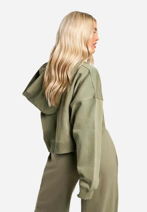 boohoo - Dsgn Studio Embroidered Boxy Crop Zip Through Hoodie - Khaki