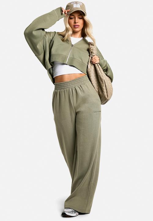boohoo - Dsgn Studio Embroidered Boxy Crop Zip Through Hoodie - Khaki
